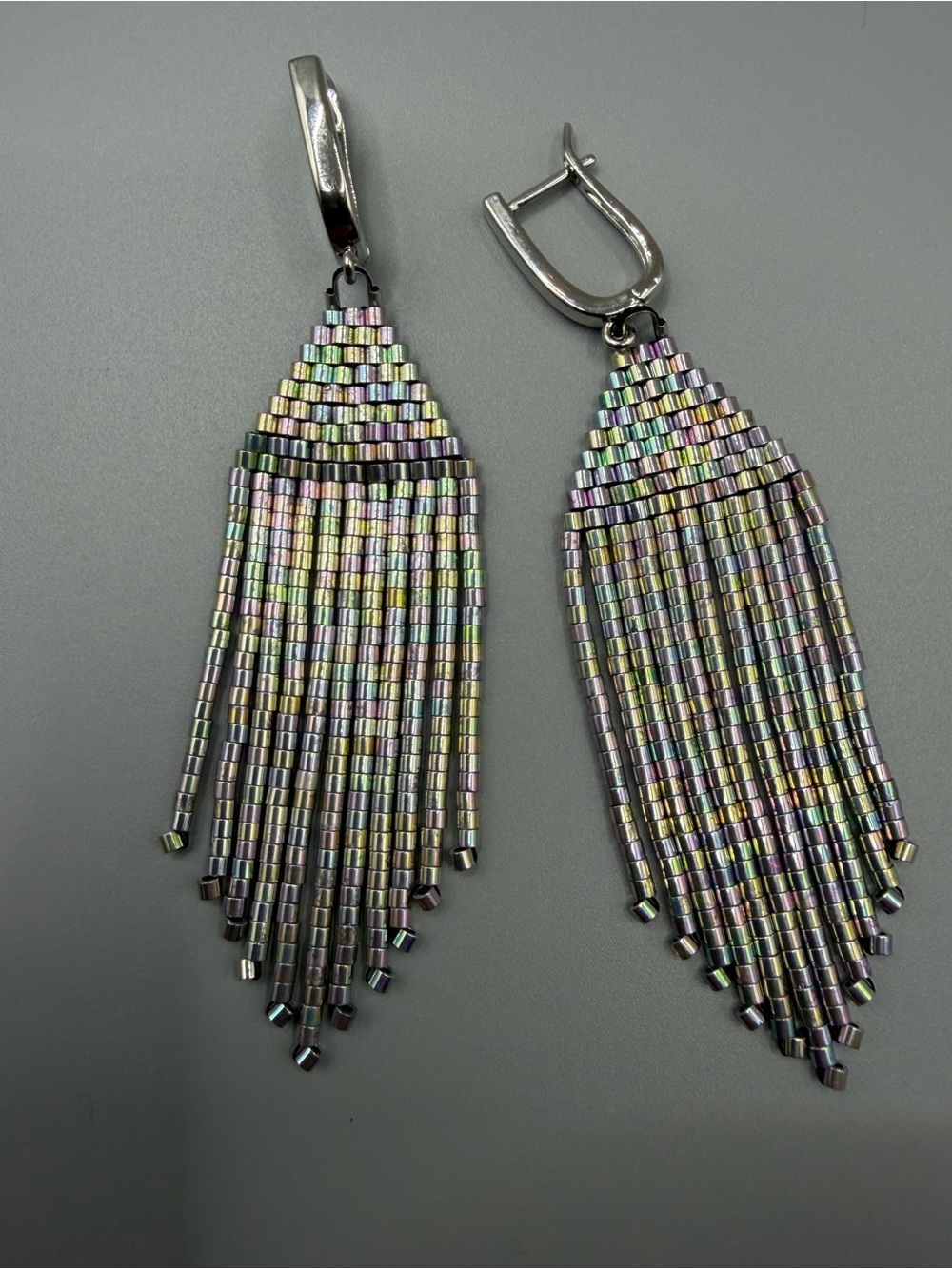 Iridescent Multicolor Seed Bead Fringe Earrings - Unbranded